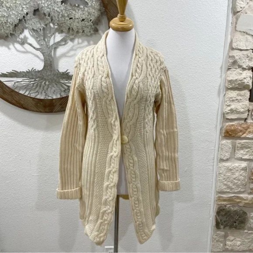 Inis Crafts Irish Merino Wool Open Cardigan Sweater Tunic Ivory Large